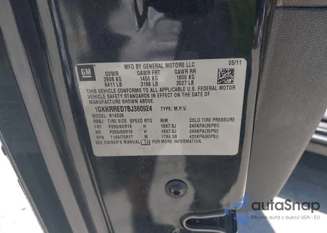 2011 GMC Acadia Slt-1 z USA, uszkodzony, nr VIN 1GKKRRED7BJ380924